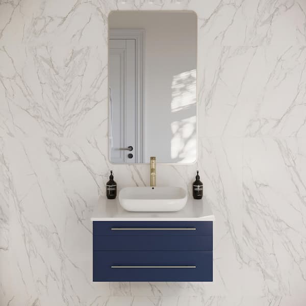 Lucera 30 in. Single Sink Wall Mount Floating Royal Blue Bath Vanity with White Quartz Top and Vessel Ceramic Sink