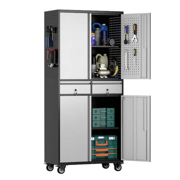 30 in. W x 71 in. H x 15 in. D 2-Shelf Metal Freestanding Cabinet with 4-Doors, Hooks and 2-Drawers in Black and Gray