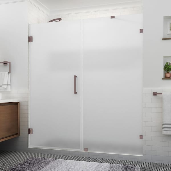 Aston Nautis XL 73.25 to 74.25 in. W x 80 in. H Hinged Frameless Shower Door in Bronze with Ultra-Bright Frosted Glass