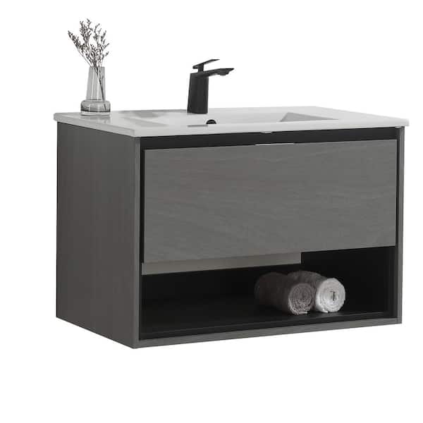 JimsMaison Eimi 30 in. W x 18 in. D x 20 in. H Bathroom Vanity Side Cabinet in Grey Ebony with White Ceramic Top
