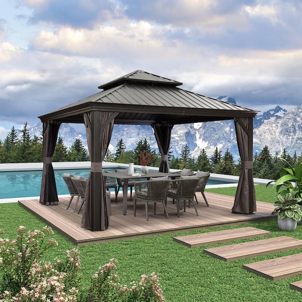 12 ft. x 12 ft. Luxury Patio Outdoor Gazebo for Backyard Hardtop Aluminum Frame with Netting, Hooks, Upgrade Curtain