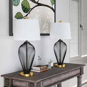 Cleveland 29 in. Black/Gold Modern Cage Table Lamp with White Linen Drum Shade
