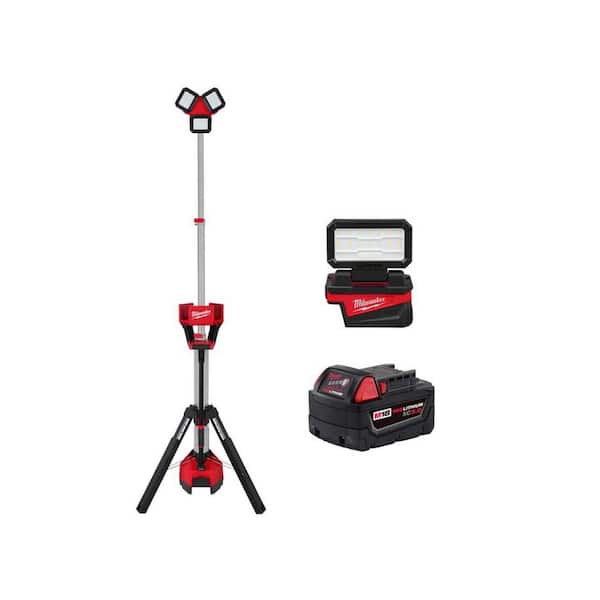 Milwaukee M18 18-Volt Lithium-Ion Cordless 6,000 Lumens Rocket Dual Power Tower Light w/ Charger, Flood Light, & 5.0 Ah Battery
