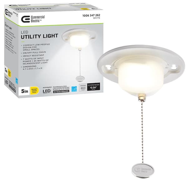 Commercial Electric 1.76 in. White 1-Way Pull Chain Lamp Socket Holder Utility Light Closet Light 650 Lumens 4000K Bright White