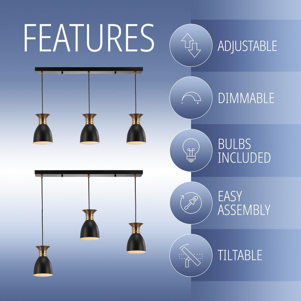 Edison 33.25" Matte Black and Brass Gold 3-Light LED Pendant
