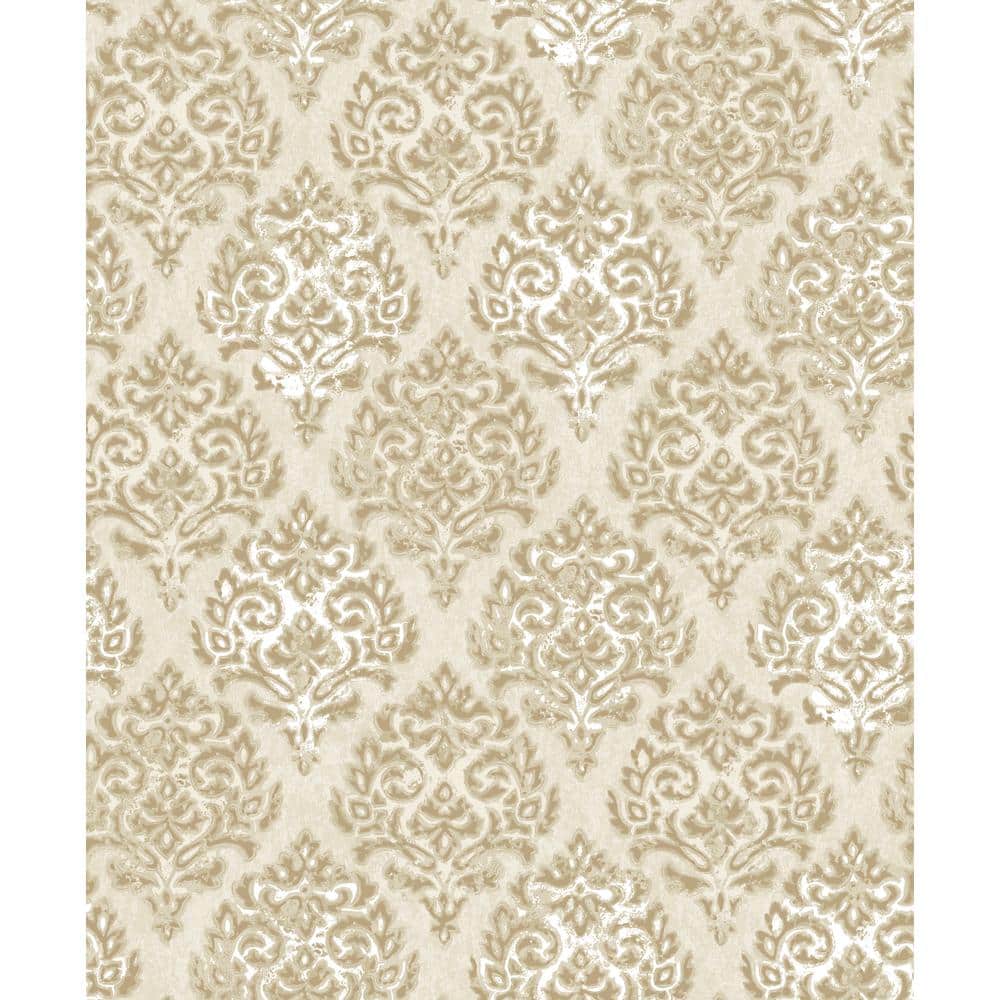 Lustre Collection Beige/Gold Embossed Modern Damask Metallic Finish Paper o
