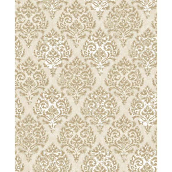 Unbranded Lustre Collection Beige/Gold Embossed Modern Damask Metallic Finish Paper on Non-Woven Non-Pasted Wallpaper Roll