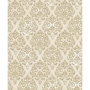 Lustre Collection Beige/Gold Embossed Modern Damask Metallic Finish Paper on Non-woven Non-pasted Wallpaper Sample