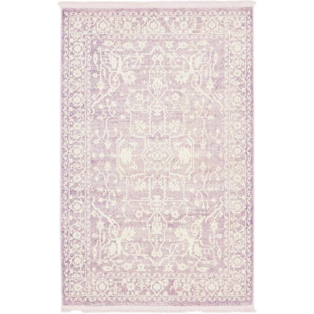 Purple and Ivory Abstract Synthetic Easy Care Rug, 4' x 6'