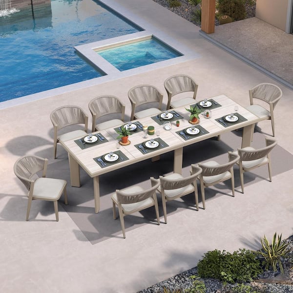 11-Piece Aluminum Wicker Dining Table and Chairs Patio Outdoor Dining Set Beige Patio Furniture with Cushions, Champagne