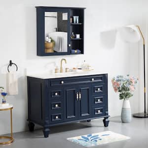 48 in. W x 22 in. D x 35 in. H Single Sink Bathroom Vanity Medicine Cabinet in Navy Blue with White Quartz Top