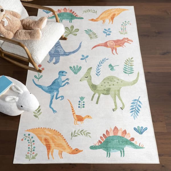 7 ft. x 9 ft. White Multicolor Kayleigh Kids Spill Proof Washable Dinosaur Indoor Area Rug