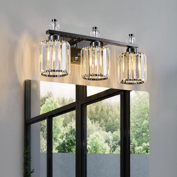 Home Lighting 18.89 in. 3-Light Black Round Modern Crystal Vanity Light Fixtures Over Mirror For Bathroom (JW-291)