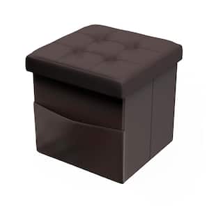 Brown Faux Leather Foldable Storage Cube Ottoman with Pocket