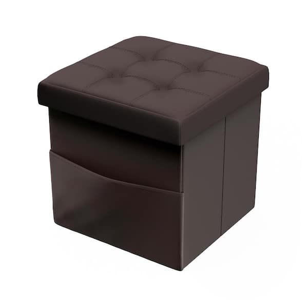 Lavish Home Brown Faux Leather Foldable Storage Cube Ottoman with Pocket
