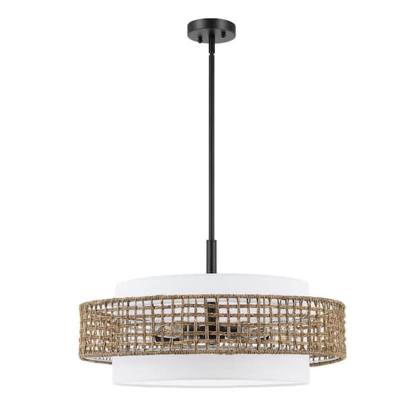 MLiAN 5-Light Black Tiered Drum Chandelier with Rattan Shade