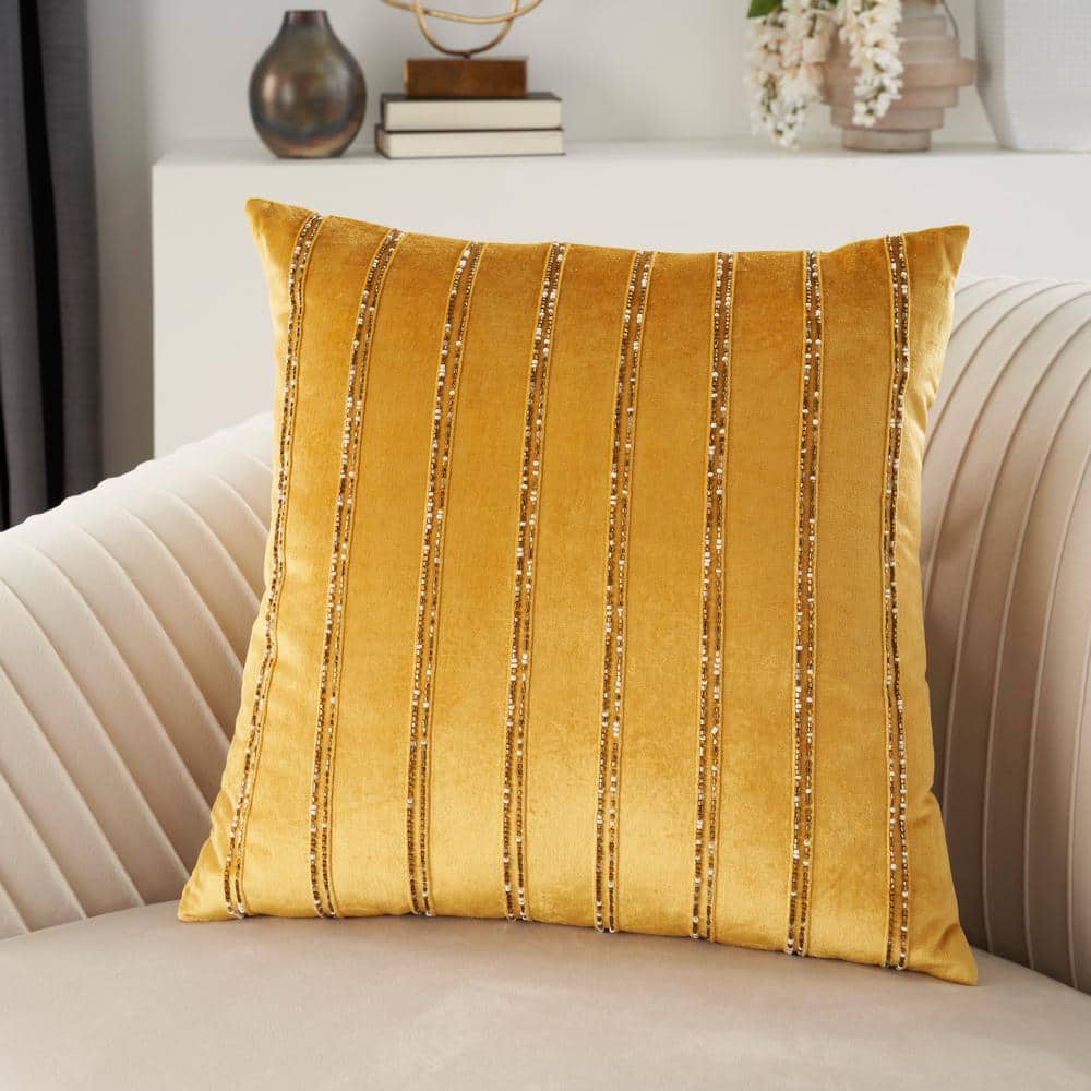 20" Gold Velvet Beaded Striped Square Throw Pillow