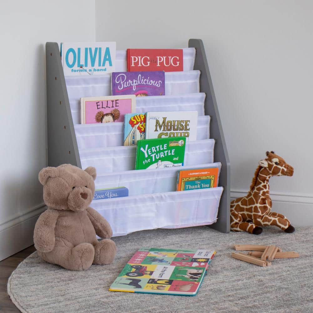 Gray and White Kids 6-Tier Fabric Book Rack