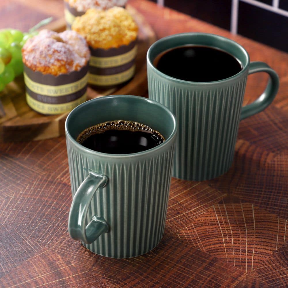 Meritage 4 Piece 16.5 Ounce Embossed Stoneware Mug Set in Matte Sage