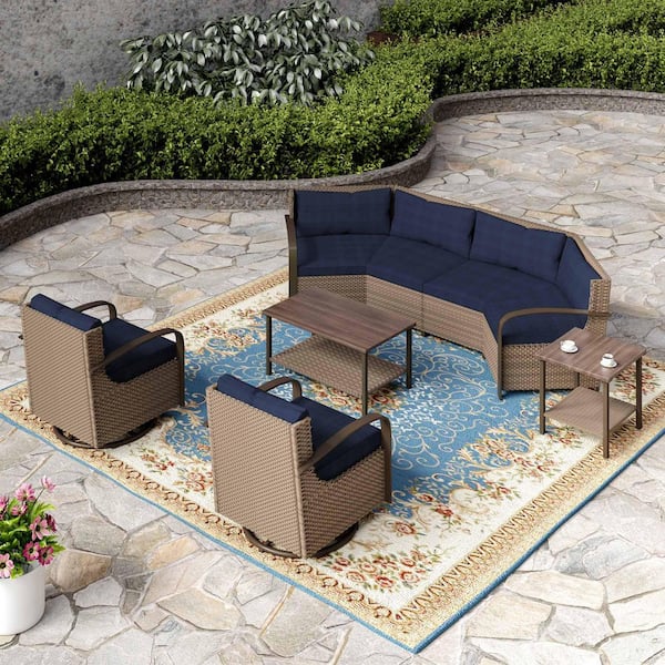 7-Piece Outdoor Patio Furniture Set Curved Conversation Set with Rocking Chair and Rattan Coffee Table