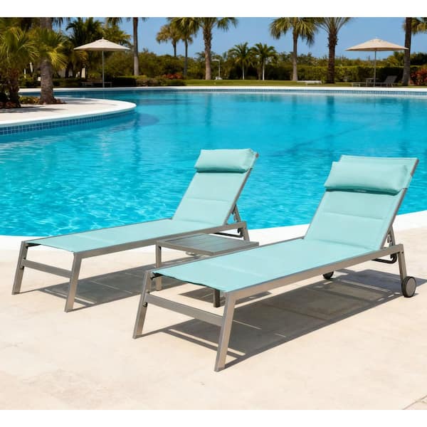 3-Piece Outdoor Metal Chaise Lounge , Lake Blue Adjustable Recliner Chair with Wheels and Gray Coffee Table