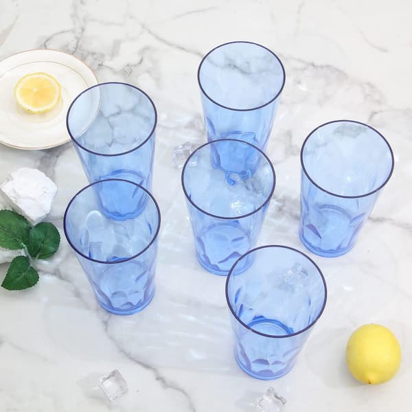 Wudkey Blue 16 oz. Unbreakable Plastic Drinking Glasses Set of 6, Shatterproof Tumblers, Reusable Glass Cups, Dishwasher Safe