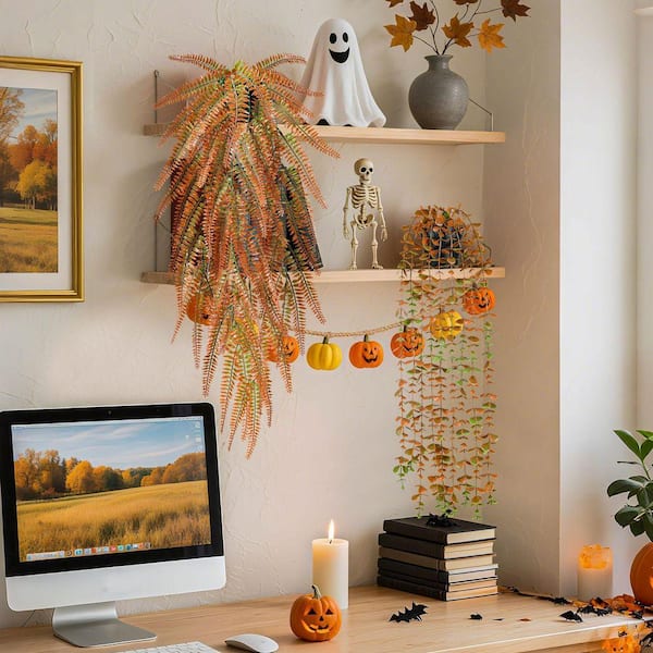 Unbranded 34 in. Orange Fake Fall Plant Hanging Plants with Pots,  Artificial Eucalyptus Plants, Boston Fern Hanging Plant(4-Pack) NYHD6-F11