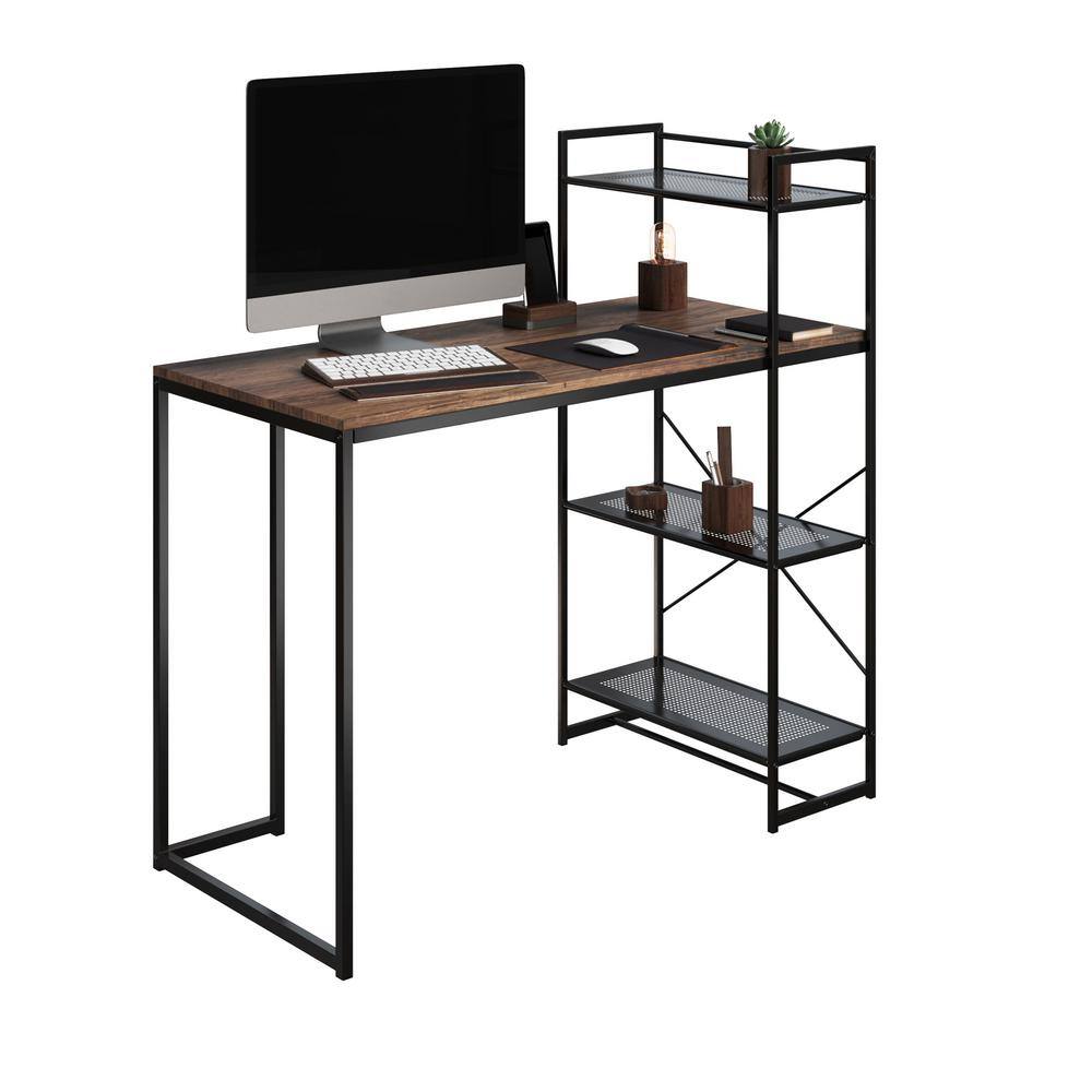 Compact Industrial-Style Black Metal and Wood Computer Desk with Storage