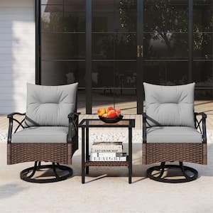 3-Pieces Wicker Patio Conversation Swivel Rocker Set with 2-Tier Coffee Table and Cozy Seat Back Gray Cushions