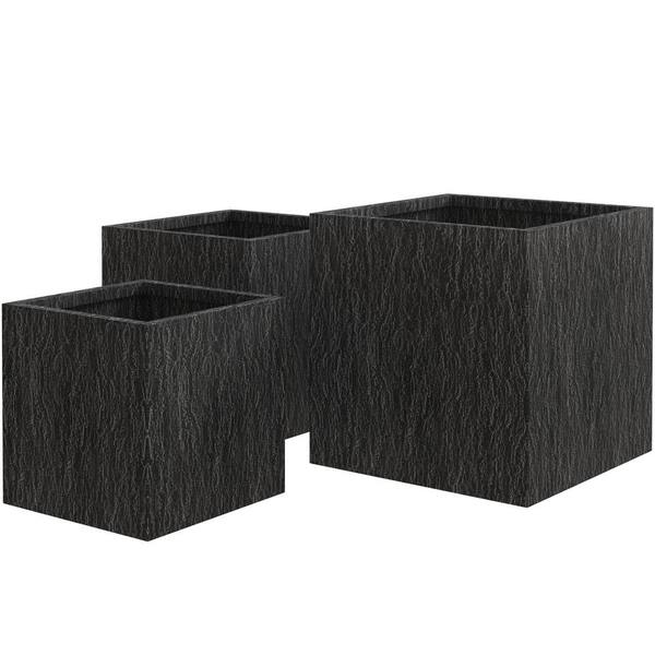 Leisure mod Verdure Modern 3-Piece Square Fiber stone and Clay Planter Set Weather Resistant with Drainage Holes, Black