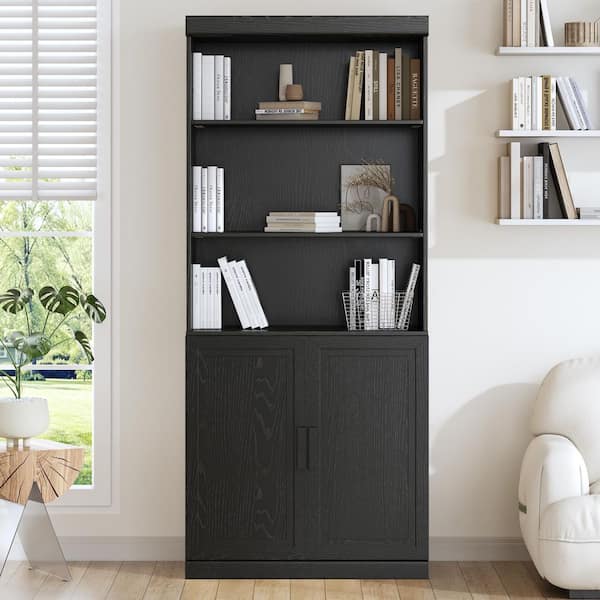 72 in. Tall Black Wood 5-Shelf Bookcase with Adjustable Shelves