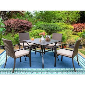 Black 5-Piece Metal Slat Square Table Patio Outdoor Dining Set with Rattan Chairs with Beige Cushion
