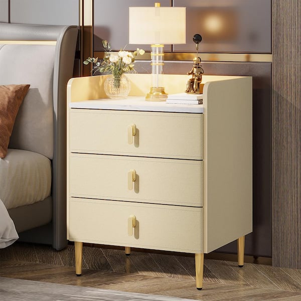 BYBLIGHT Fenley Dark Beige 3-Drawer Nightstand, Modern Bedside Table with PU Leather and Faux Marble Top