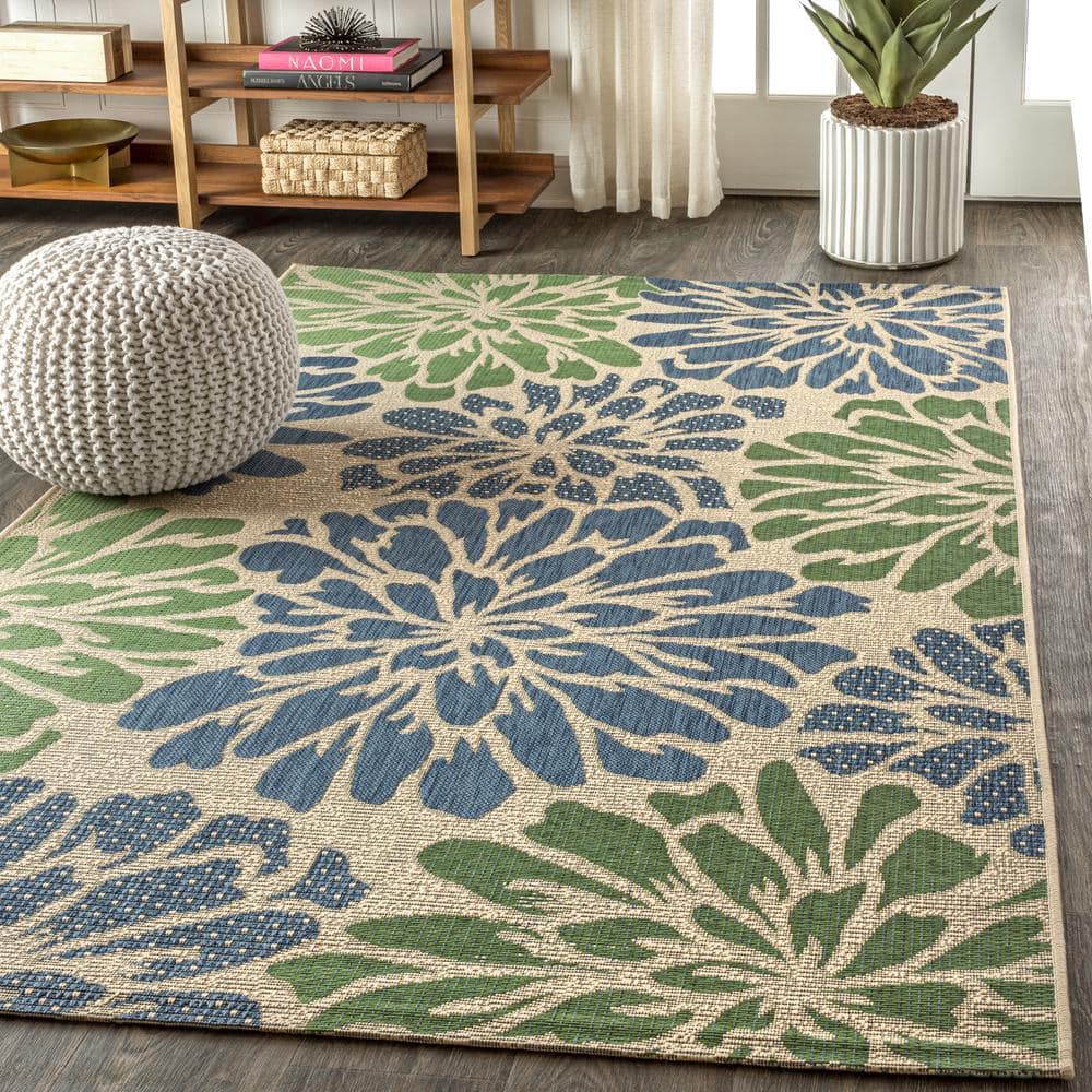 Zinnia Navy & Green Modern Floral Flatweave 3x5 Indoor/Outdoor Rug