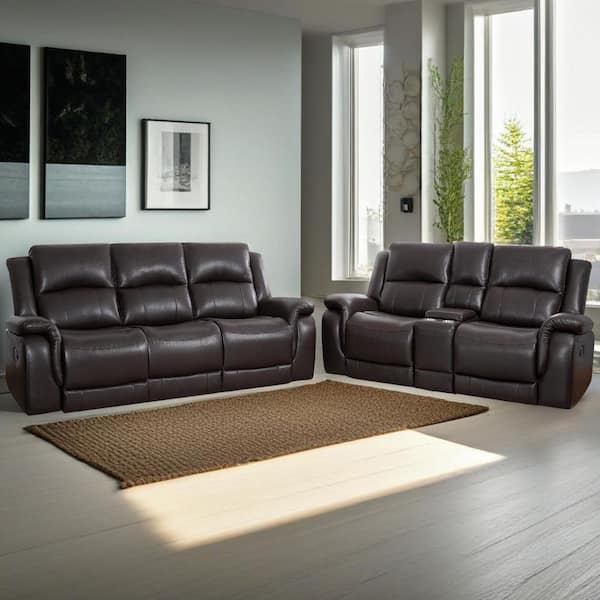 HOMESTOCK 85.82 in. W Rolled Arm Faux Leather Modular Push Back Recliner Sofa and Loveseat in Espresso