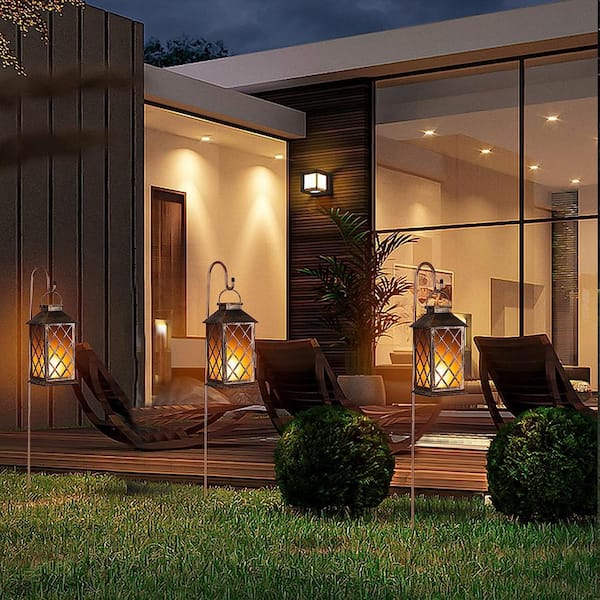 2Pack Solar Metal Hanging Lantern Flickering Flameless Candle with Shepherd Hook Outdoor Garden Lights for Table,Pathway,Party Decoration