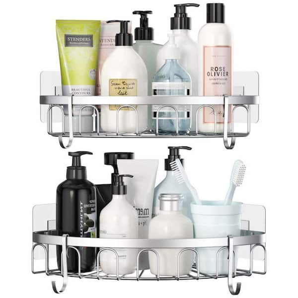 Dracelo Wall Mounted Bathroom Shower Caddies Adhesive Type Coner Organizer Shelf with 4 Hooks in Silver 2-Pack