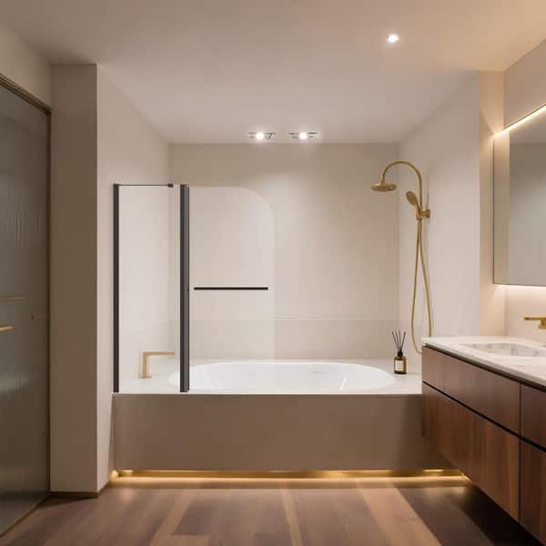 43 in. W x 58 in. H Folded-Fixed Tub Door Frameless Tub Shower Door in Matte Black with 1/4 in. Tempered Clear Glass