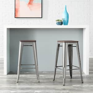 Finwick Gunmetal Gray Backless Bar Stool with Dark Wood Seat (Set of 2)