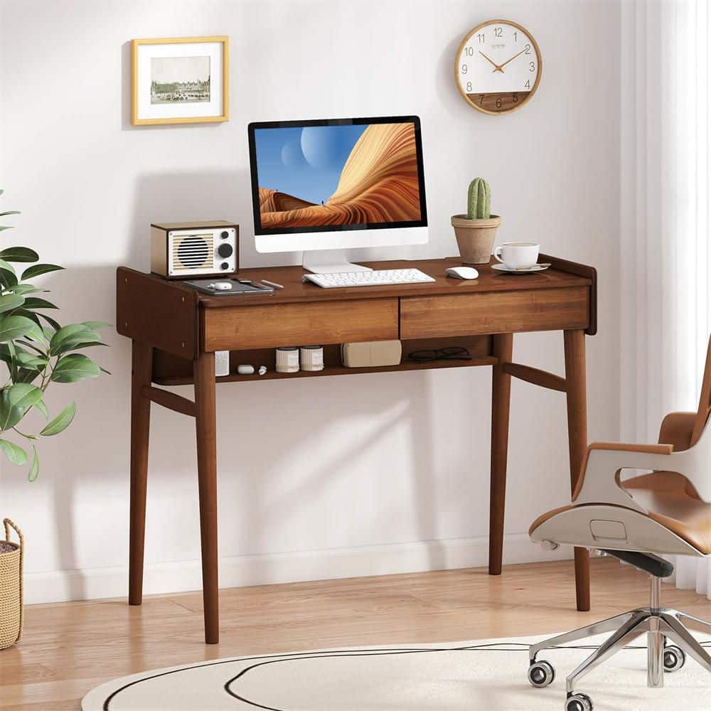 39.5 in. Bamboo Writing Desk Computer Study Desk in Walnut with 2 Storage Drawers and Open Shelf price history on PriceWatchPro