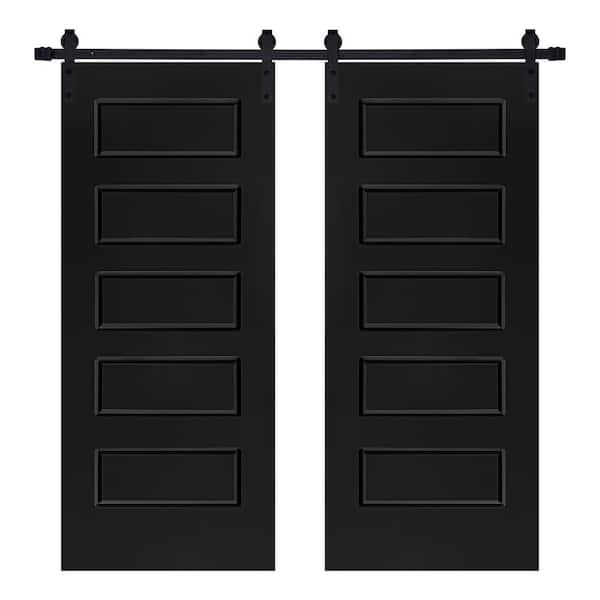 AIOPOP HOME Modern 5-Panel Designed 48 in. x 80 in. MDF Panel Black Painted Double Sliding Barn Door with Hardware Kit
