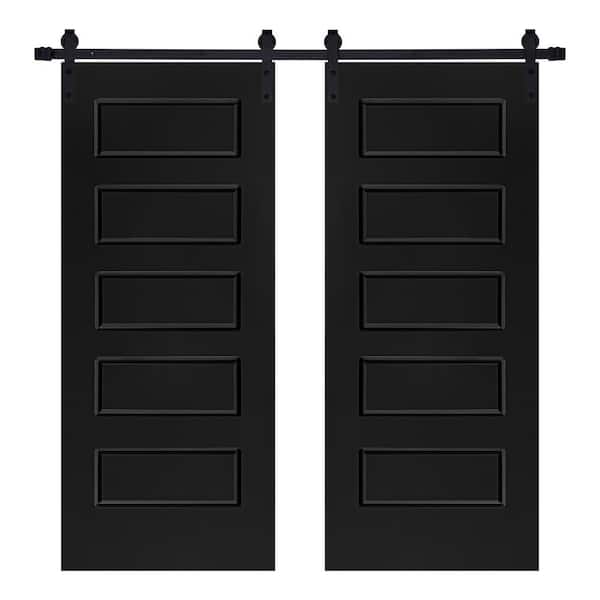 AIOPOP HOME Modern 5-Panel Designed 48 in. x 84 in. MDF Panel Black Painted Double Sliding Barn Door with Hardware Kit