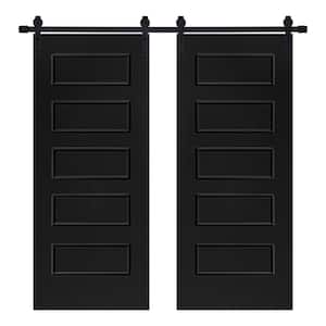 56 in. x 80 in. Modern 5-Panel Designed MDF Panel Black Painted Double Sliding Barn Door with Hardware Kit