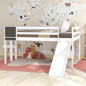 Full Size Loft Bed Wood Bed with Slide, Ladder, and Chalkboard, Loft Bed for Kids, Teens, No Box Spring Needed, White