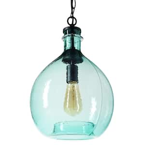 17 in. H and 11 in. W 1-Light Black Wavy Hammered Hand Blown Glass Pendant with Green Glass Shade