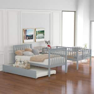 Gray Multi-functional Twin Size Bunk Beds With Book Shelves, Wood Bunk Bed Frame with Trundle and Stairways for Kids