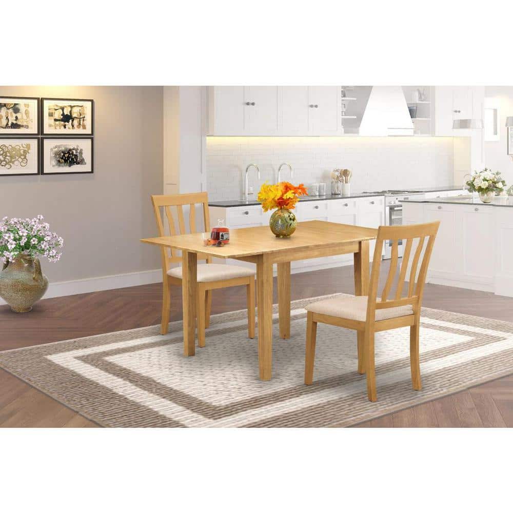 3-Piece Natural Brown Oak Finish Solid Wood Top Dining Table Set