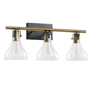 23.4 in. 3-Light Black and Gold Vanity Light with Clear Glass Shade Modern Bathroom Light Fixtures