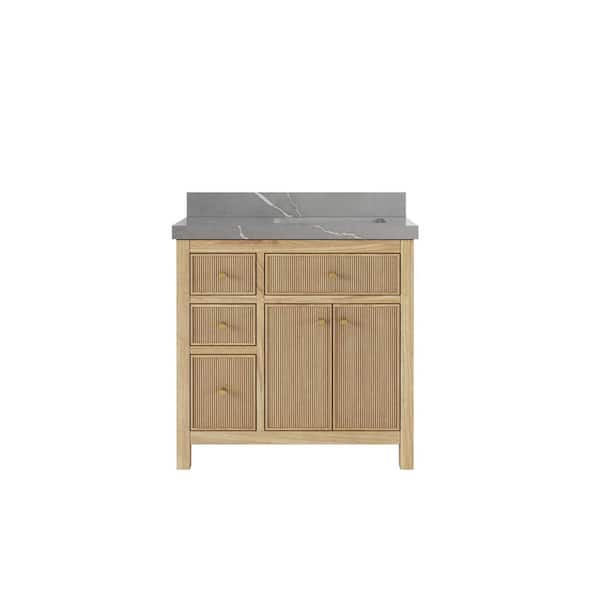 Willow Collections Sonoma Teak 36 in. W x 22 in. D x 36 in. H Right Offset Sink Bath Vanity in Light Teak with 2 in. Piatra Gray Quartz Top