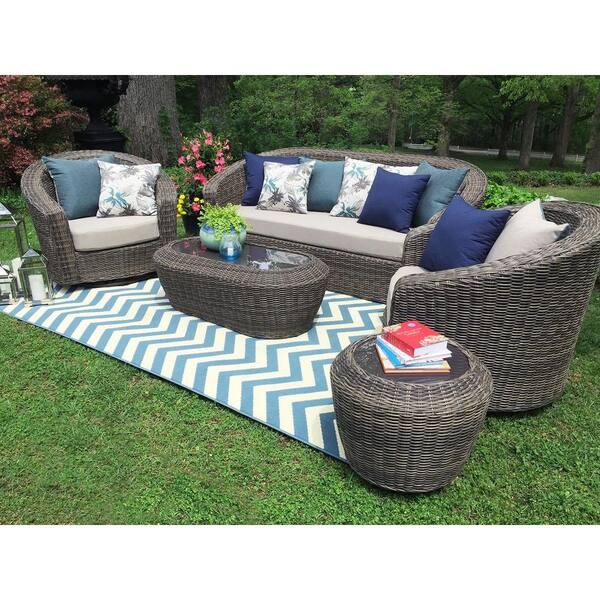 AE Outdoor Anderson 5-Piece All Weather Wicker Patio Deep Seating Set with Sunbrella Beige Cushions